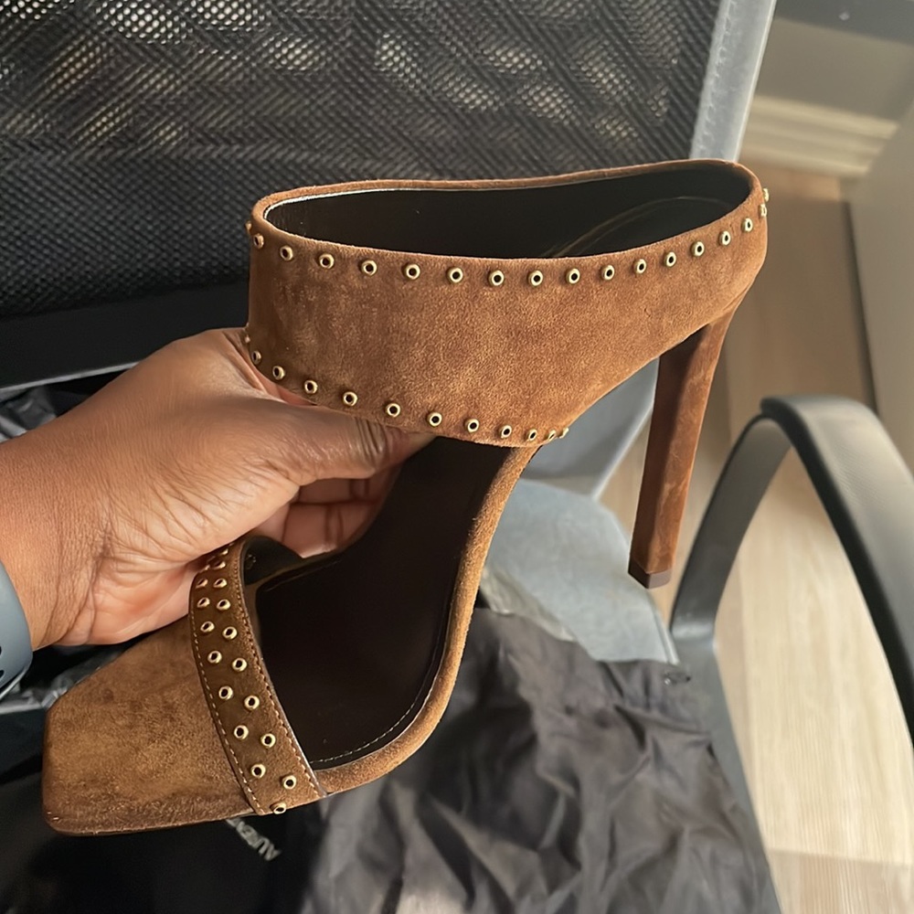 Yves Saint Laurent Brown Suede Mules with Studded Details - Picture 2 of 4